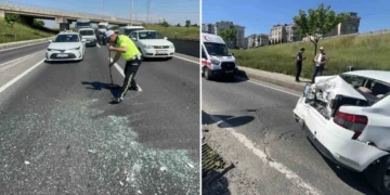 Trafik polisinden örnek davranış: Sürücülerin güvenliği için süpürgeyle yolu süpürdü