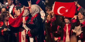 Hukuk fakültesi mezuniyetinde Türk bayrağı açan kızları yuhaladılar!